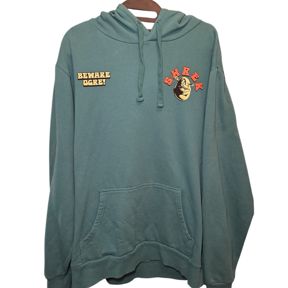 Shrek Men's Hoodie XL Teal Blue Beware Ogre Graphic Dreamworks Prince Charming